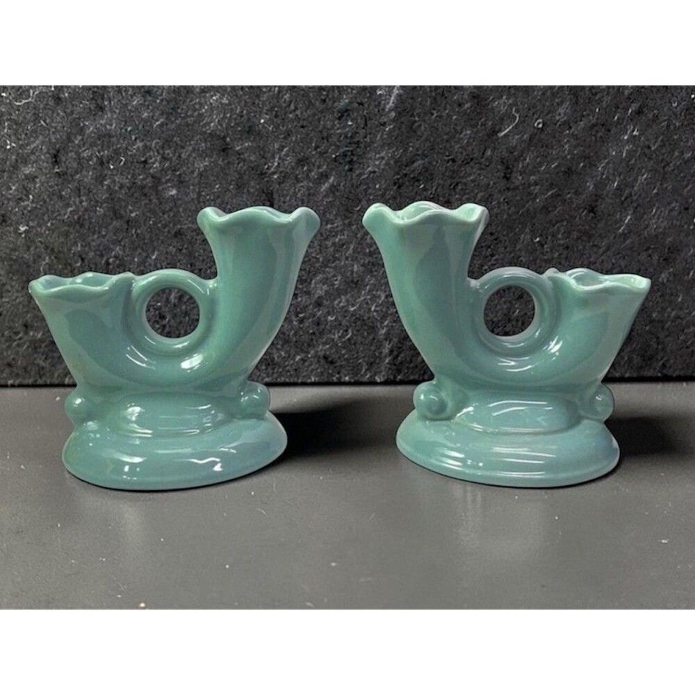 Vintage Abingdon Pottery Double Candle Holders Pair Seafoam Green USA MCM